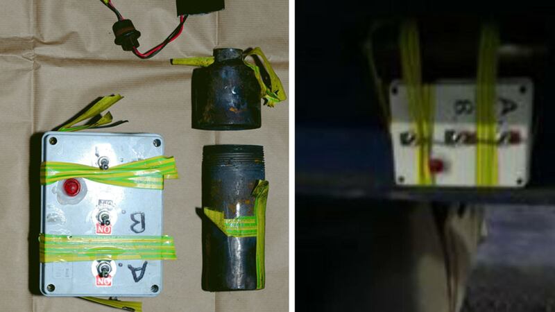Police released two images of the explosive device with the one on the right showing it attached to the refrigerated trailer&nbsp;
