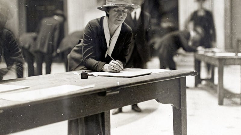 Trade unionist Delia Larkin signing the Anti-Conscription Pledge at Dublin City Hall, April 1918 