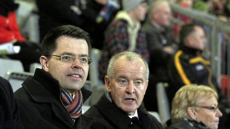 James Brokenshire alongside GAA Ulster Council president Michael Hasson at P&aacute;irc Esler. Picture by Andrew Paton/Press Eye 