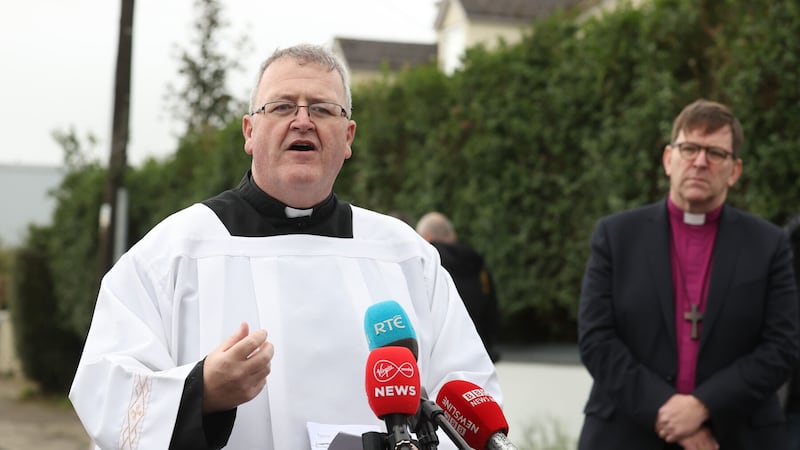 Creeslough priest, Fr John Joe Duffy, pictured with Church of Ireland bishop of Derry and Raphoe, Andrew Forster, led Saturday's first anniversary commemoration service. Picture by Liam McBurney/PA Wire