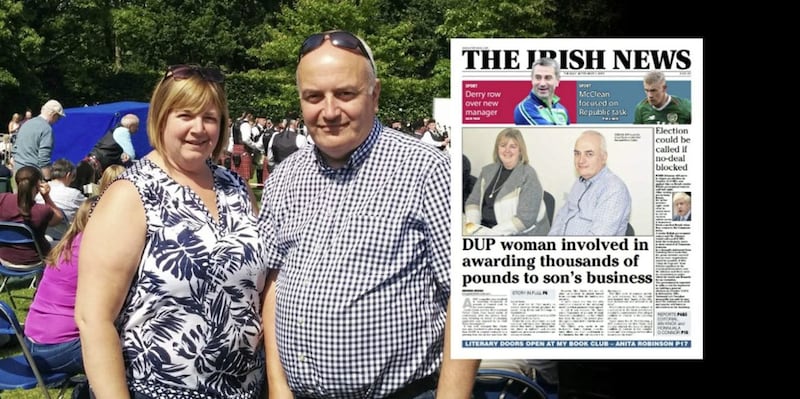 DUP MLA Trevor Clarke with his wife, party councillor Linda Clarke, and inset, how The Irish News revealed her involvement in awarding council funds to their son&#39;s business 