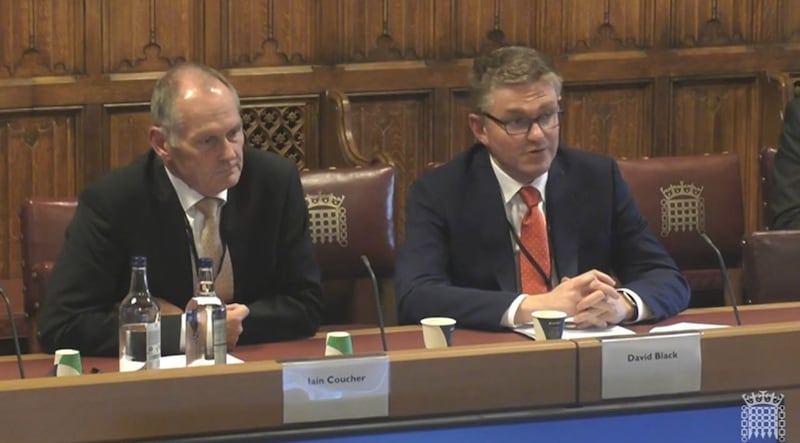 Screen grab taken from Parliament TV of Iain Coucher, chair at Ofwat and David Black, chief executive at Ofwat, giving evidence to the Industry and Regulators Committee at the Palace Of Westminster in London. 