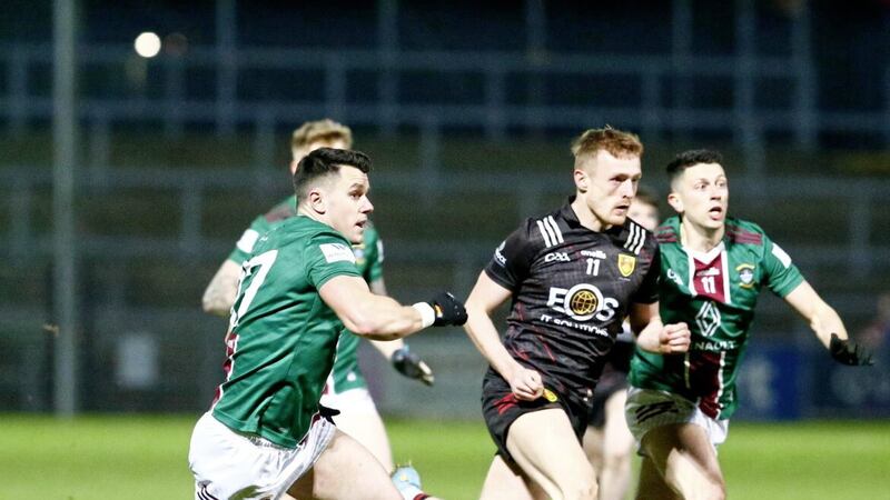 Liam Kerr won Down&#39;s crucial second half penalty, converted by Burren club-mate Odhran Murdock, as the Mournemen produced another comeback against Westmeath on Saturday night. Picture by Philip Walsh 