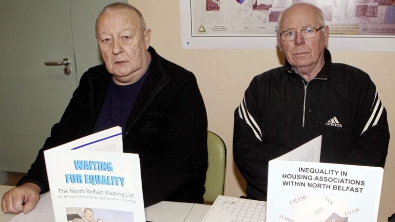 North Belfast housing campaigners Gerard Brophy and Frank Dempsey. Picture by Matt Bohill. 