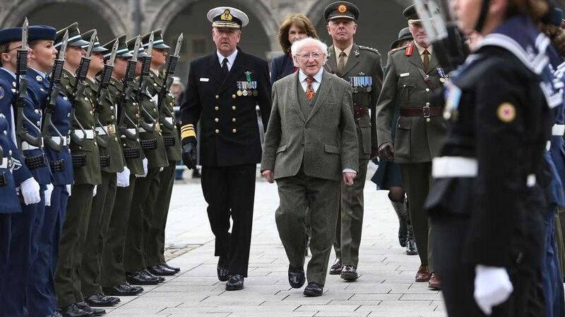 President Michael D Higgins inspects an all female captain's guard of honour, during the commemoration for women in the 1916 Rising at the Royal Hospital Kilmainham, Dublin. Picture by Brian Lawless, Press Association