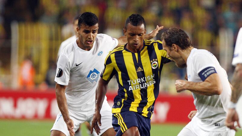 Fenerbahce's Nani is challenged by Molde's Harmeet Singh (left) and Daniel Hested during Thursday's Euro League Group A tie at the Sukru Saracoglu Stadium in Istanbul<br />Picture: AP