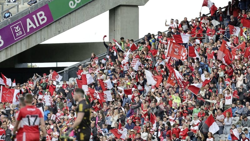 A large section of Derry supporters pictured in the corner of the Cusack Stand for the game against Clare last Saturday. Picture by Margaret McLaughlin. 