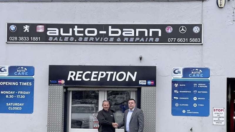 Brian Patterson and Andrew Litter outside Auto Bann, which has been acquired by Kerr&#39;s Tyres Group 