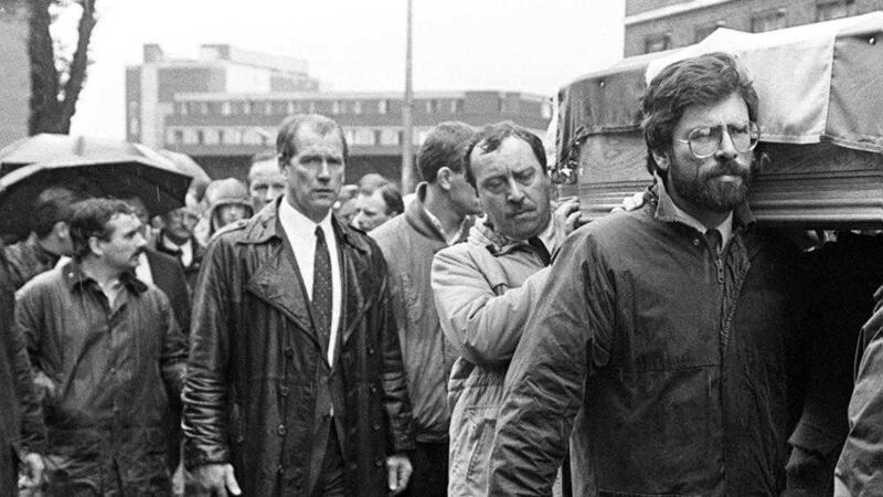 Alfredo &quot;Freddie&quot; Scappaticci (extreme left) pictured at the 1988 funeral of IRA man Brendan Davison. Gerry Adams is pictured carrying the coffin. Picture by Pacemaker Press 