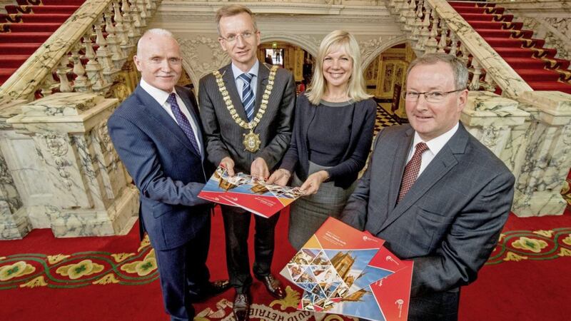 The event was attended by, from left, James O&rsquo;Kane, QUB Registrar and Chief Operating Officer, Belfast Lord Mayor Brian Kingston, Suzanne Wylie, chief executive of Belfast City Council and QUB vice chancellor Professor Patrick Johnston 