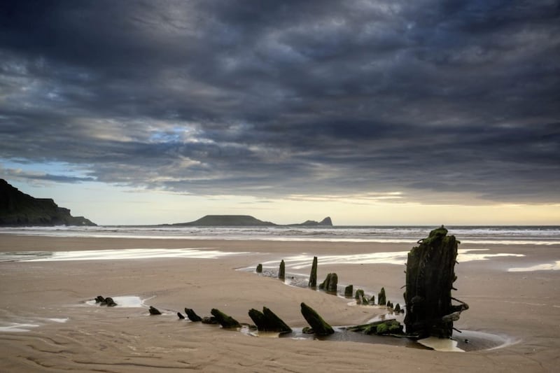 The remains of the wreck of the Helvetia, which ran aground at Rhossili Bay in 1887