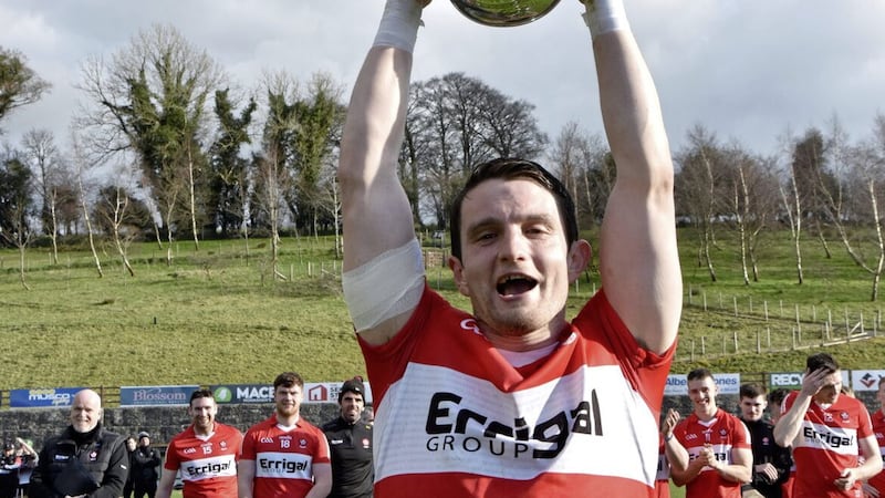 A delighted Cormac O&#39;Doherty raises aloft the Allianz National League Division 2B hurling trophy having beaten Sligo on Saturday in Ederney.  Pic by Mary K Burke 