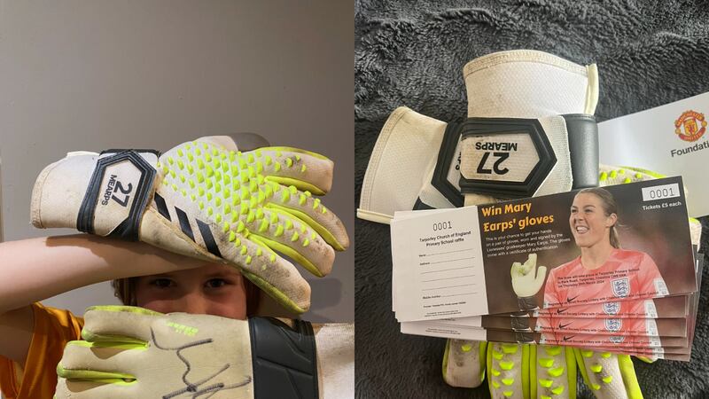 The gloves are to be raffled off to raise money for a running track