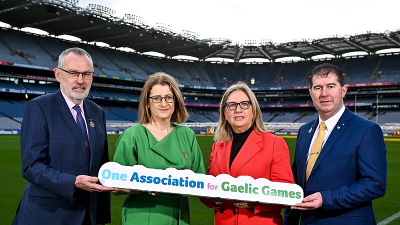 In attendance during the media update on the integration process involving the Camogie Association, the GAA and LGFA, are, from left, Uachtarán Chumann Lúthchleas Gael Larry McCarthy, Camogie Association President, Hilda Breslin, Steering Committee Chairperson Mary McAleese and Uachtarán Cumann Peil Gael na mBan, Mícheál Naughton at Croke Park in Dublin. Photo by Sam Barnes/Sportsfile