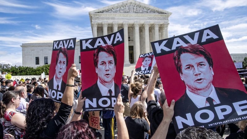 Protesters rally against Supreme Court nominee Judge Brett Kavanaugh as the Senate Judiciary Committee debates his confirmation at the Supreme Court in Washington. Picture by J Scott Applewhite/AP 
