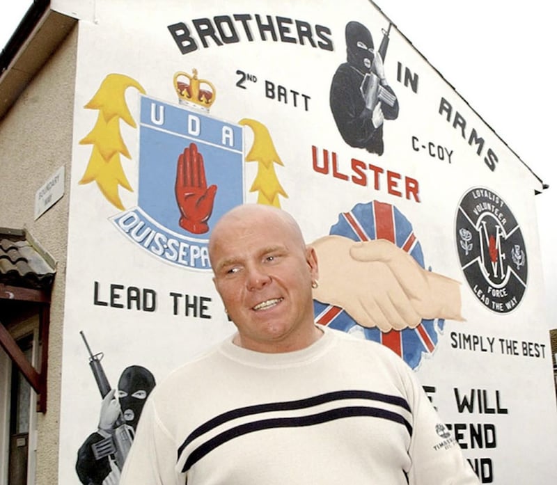 Loyalist Johnny Adair pictured at a UDA/LVF mural on the Lower Shankill Road 