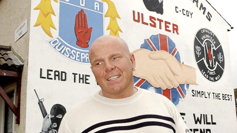 Loyalist Johnny Adair pictured at a UDA/LVF mural on the Lower Shankill Road 