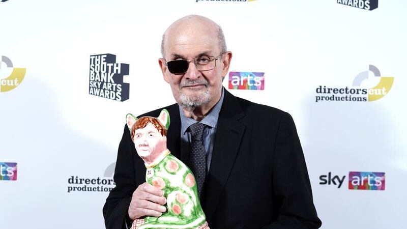 Sir Salman Rushdie with his Outstanding Achievement award at the South Bank Sky Arts Awards (Jordan Pettitt/PA)