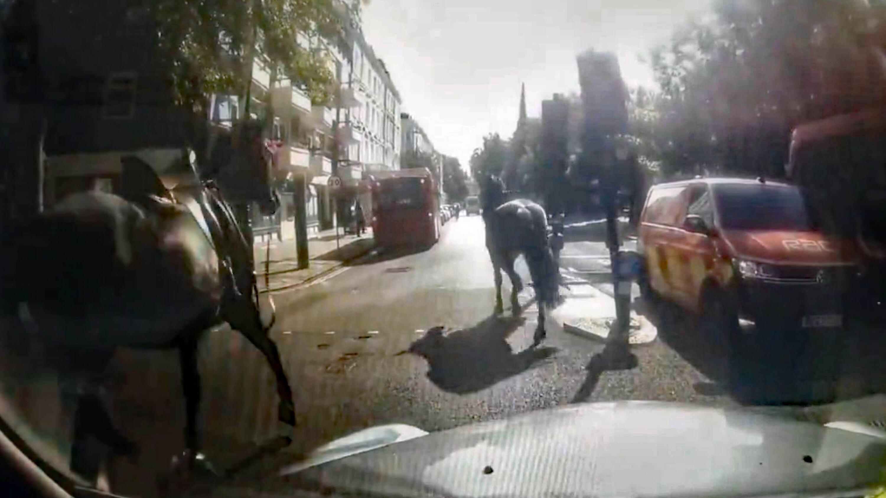Dashcam footage of two of three military horses which bolted through central London on Monday morning