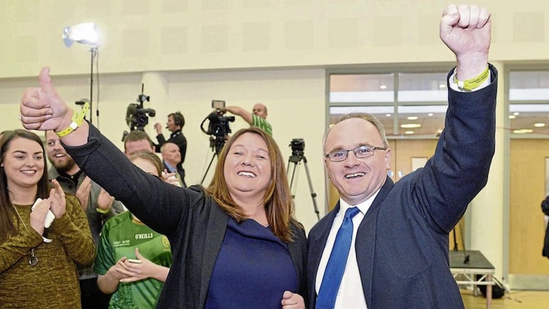 FIST PUMPS: Above, left, Barry McElduff and Michaela Boyle celebrate at the count and, right, Declan McAleer punches the air in delight at being elected  Pictures: Mark Marlow/Pacemaker 