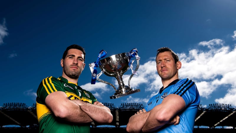Kerry's Bryan Sheehan and Dublin's Denis Bastick at Monday's launch of the Allianz National Football League Division One final, to be played at Croke Park on Sunday<br />Picture by Sportsfile&nbsp;