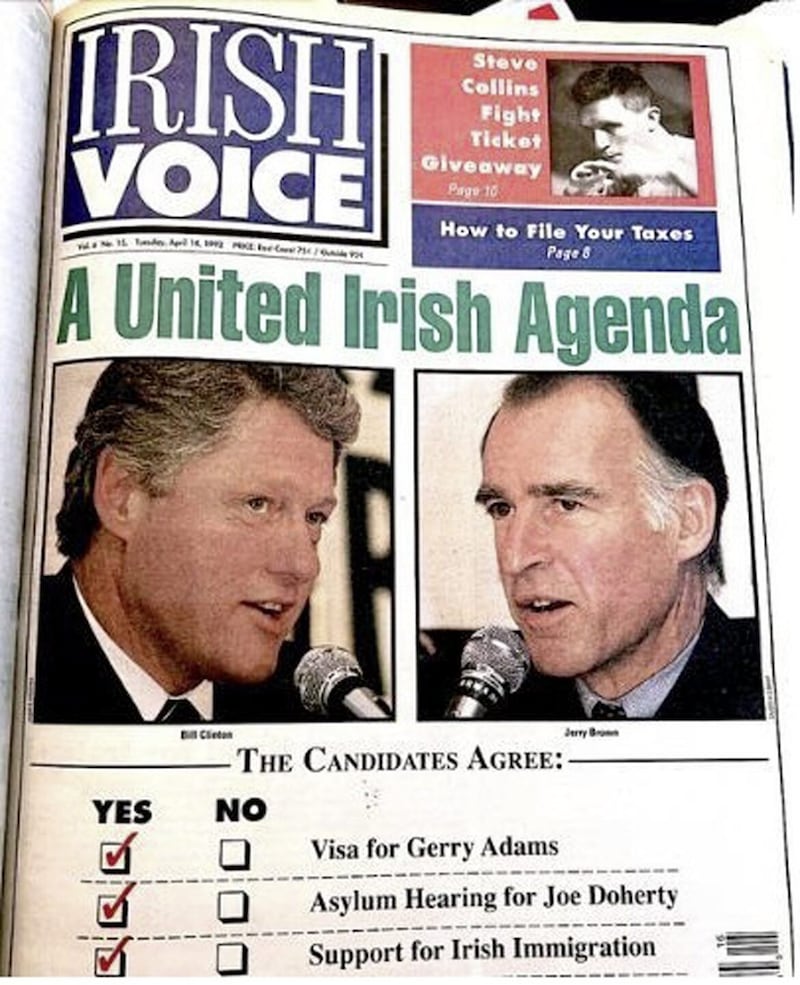 Reflecting on publication of the Irish Voice ending, Niall O&#39;Dowd highlighted the cover of the April 14 1992 edition which reported on presidential candidate Bill Clinton&rsquo;s &quot;commitment to the Irish agenda&quot; 