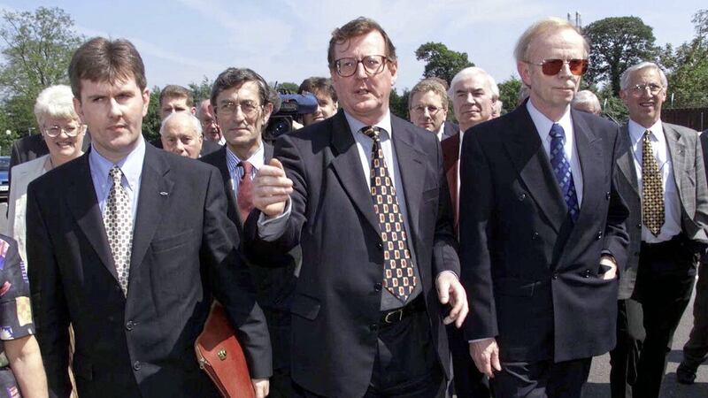Then Ulster Unionist leader David Trimble with Jeffrey Donaldson at Stormont in 1999. Picture by Stephen Davison/Pacemaker