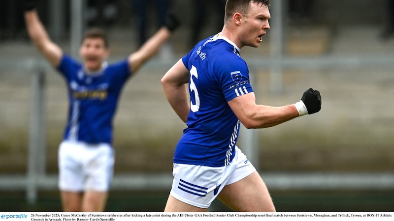 Conor McCarthy celebrates his equaliser that rescued extra-time for Scotstown in an Ulster semi-final where they went on to beat Trillick. Picture: Sportsfile