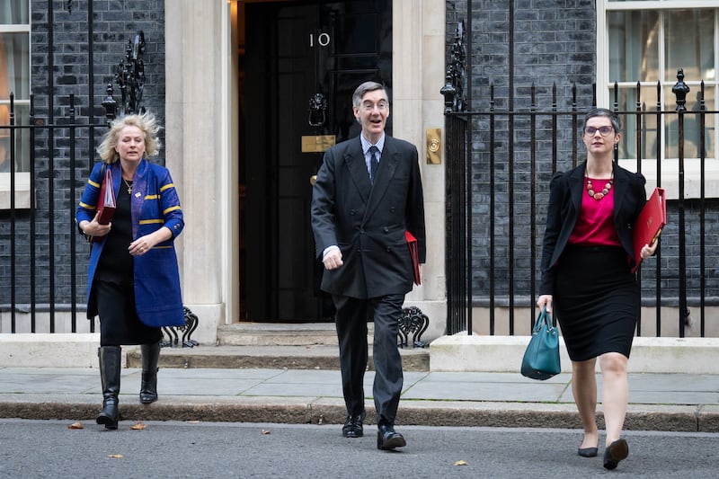 (left to right) Minister of State (Minister for Development) in the Foreign, Commonwealth and Development Office Vicky Ford, Business, Energy and Industrial Strategy Secretary Jacob Rees-Mogg and Works and Pensions Secretary Chloe Smith in Downing Street in London, following a cabinet meeting. Picture date: Tuesday October 18, 2022.