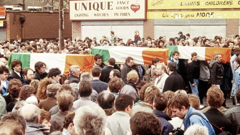 The coffins of Mair&eacute;ad Farrell, Sean Savage and Danny McCann&#39;s are carried through west Belfast 