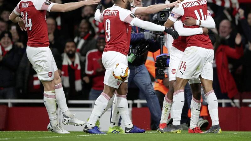 Arsenal&#39;s Ainsley Maitland-Niles celebrates scoring his side&#39;s second goal during the 3-0 win over Rennes in their Uefa Europa League round of 16, second leg clash at the Emirates. The Gunners progressed 4-3 on aggregate 