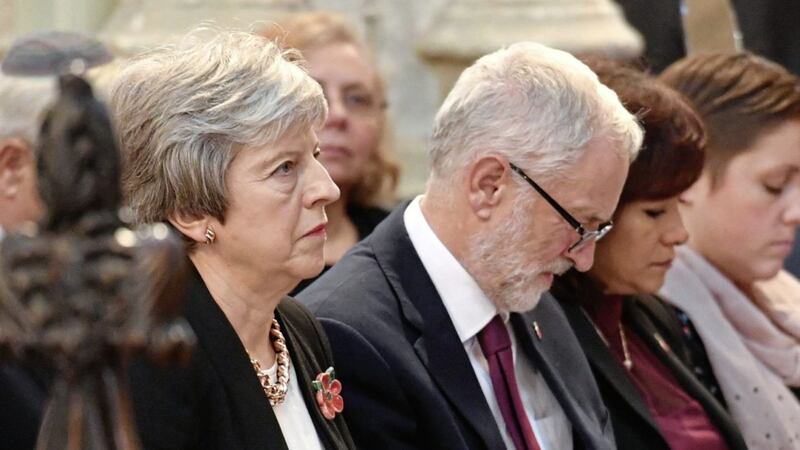 Prime Minister Theresa May and Labour leader Jeremy Corbyn in St Margaret&rsquo;s Church in Westminster, for a service to remember those who died during the First World War 		          Picture: John Stillwell/PA