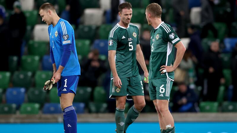 Northern Ireland’s Jonny Evans (centre), George Saville and goalkeeper Bailey Peacock-Farrell (left) were disappointed (PA)