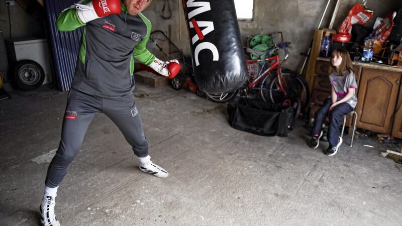 Donegal boxer Jason Quigley and his partner&#39;s daughter Sierra, aged 9, during a training session in Ballybofey, Donegal, while adhering to the guidelines of social distancing. Following directives from the Irish Government, the majority of sporting associations have suspended all organised sporting activity in an effort to contain the spread of the Coronavirus (COVID-19) pandemic. Photo by Stephen McCarthy/Sportsfile 