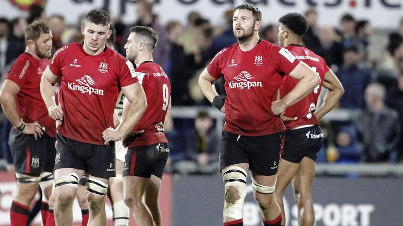 Ulster appear dejected after the final whistle during the Heineken Champions Cup round of 16, second leg match against Toulouse in which the French side managed to overturn a first-leg deficit to win by a point and advance. 