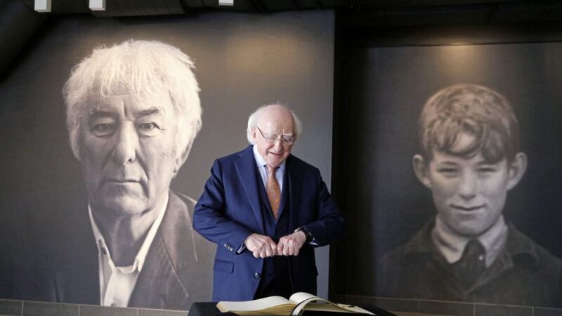 President Michael D Higgins during his visit to the Seamus Heaney HomePlace in Bellaghy yesterday. Picture by Kelvin Boyes 