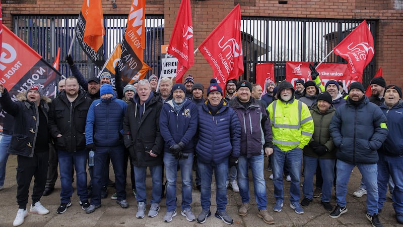 Members of Unite the Union and GMB on a picket line at Translink’s Europa Bus Station on Glengall Street in Belfast (Liam McBurney/PA)