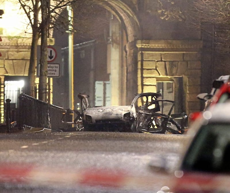 The remains of a suspected car bomb outside the Court House in Derry city, N-Ireland on Saturday night. Picture Margaret McLaughlin 19-1-2019. 