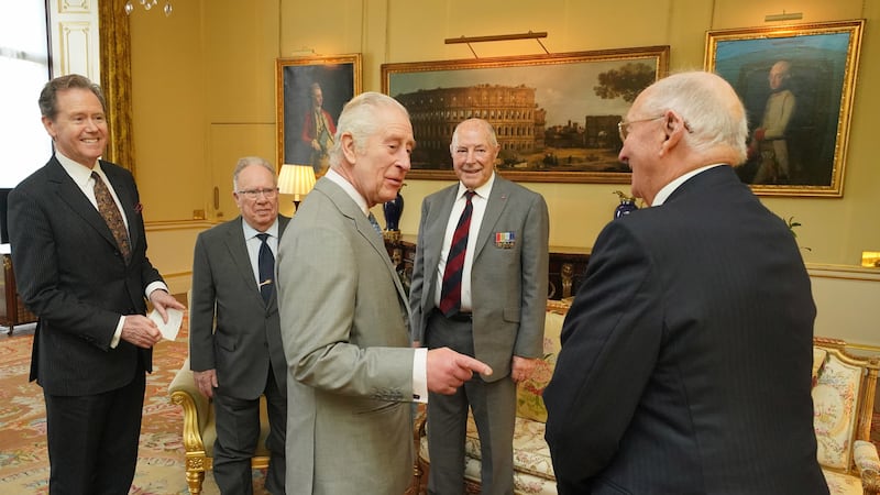 The King, along with Master of The King’s Household Vice Admiral Sir Tony Johnstone-Burt (left), during an audience with veterans of the Korean War Alan Guy, Mike Mogridge and Brian Parritt, at Buckingham Palace