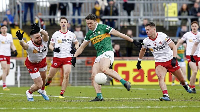 Tyrone&#39;s Padraig Hampsey dives in to block a David Clifford shot during the Red Hands&#39; win over Kerry at Healy Park. Pic Philip Walsh. 