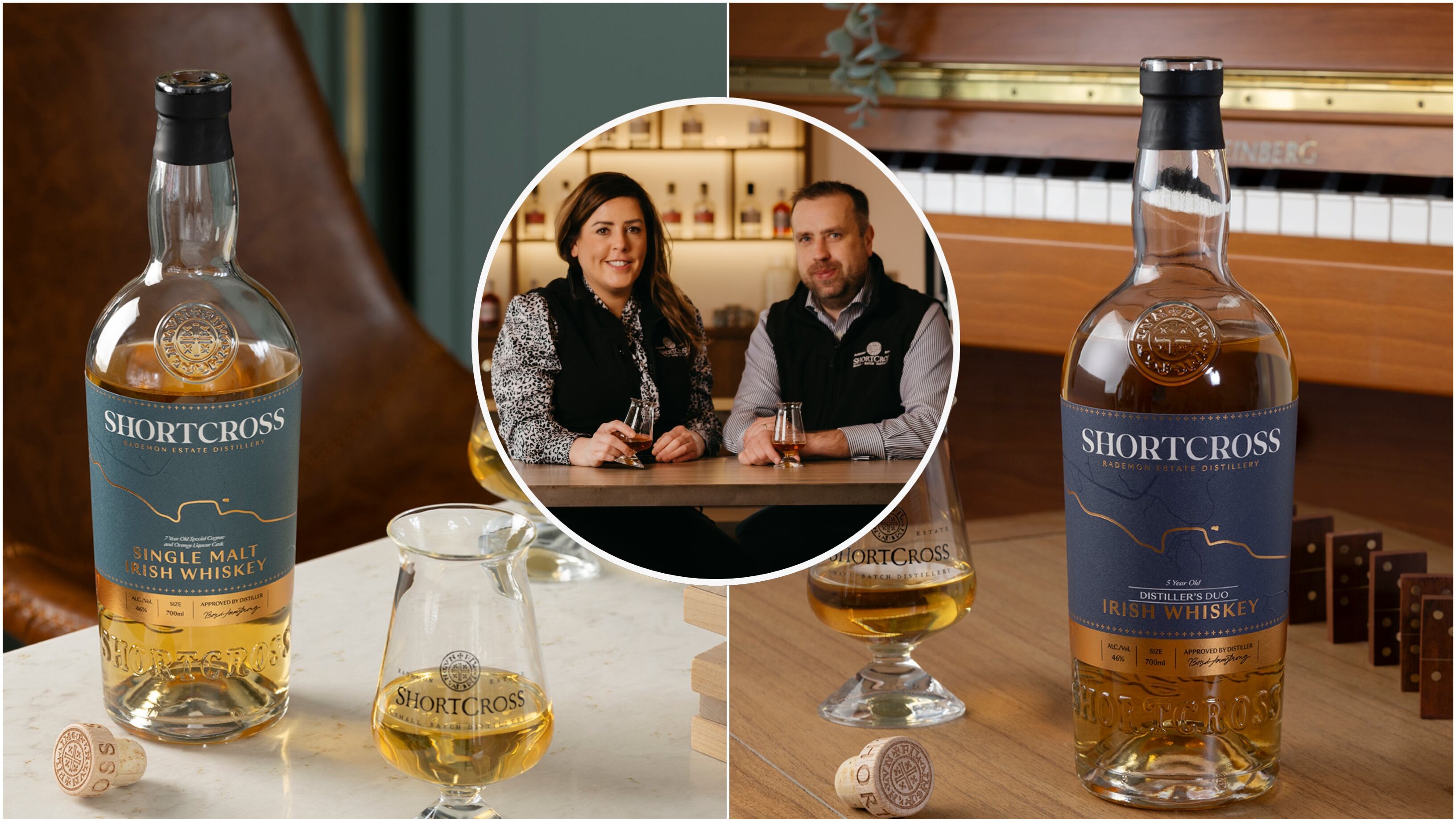 Founders of the Rademon Estate Distillery, Fiona and David Fiona Boyd-Armstrong (inset), with their latest Shortcross Irish Whiskey releases: A 7-year-old peated single malt (left) and the 5-year-old Distiller’s Duo (right).