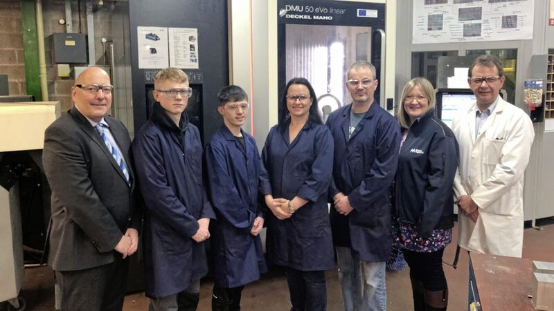 The second cohort of aerospace trainees complete their training at NRC before moving into their four-week placements in various aerospace engineering companies. From left to right: Robert Hutchinson, ADS NI; trainees Lewis Milligan; Seamus McGillian; Adam Crothers; Karolina Wlodarczyk; Rachel Coural, employee development co?ordinator of McAuley Engineering; and Gordon Kane, NRC. 