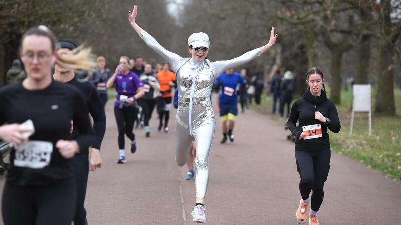 Freya Morgan has hit the 900-kilometre mark in a shimmering, silver disco ball suit in aid of Bail for Immigration Detainees.