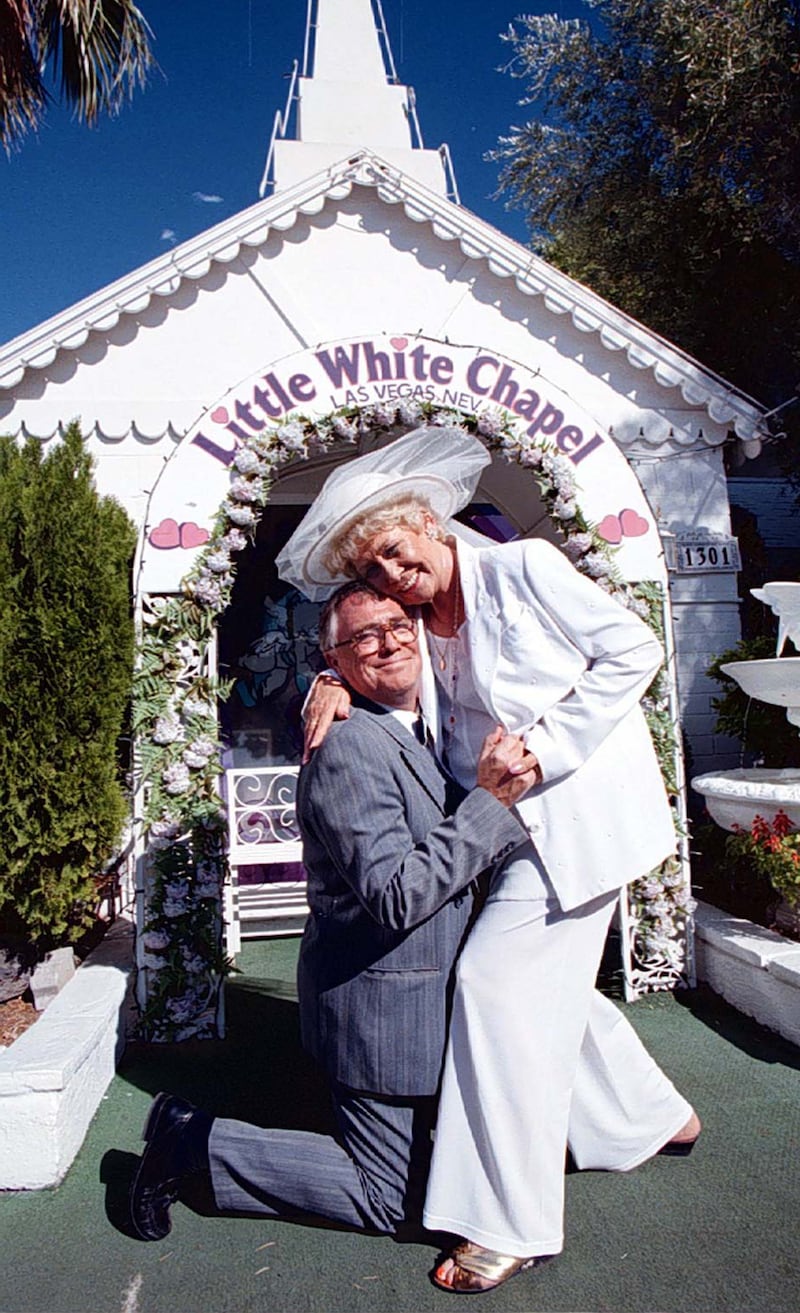 Jack (Bill Tarmey) went down on one knee as he asked Vera (Liz Dawn) to tie the knot again during the filming of a Coronation Street Video Special in Las Vegas (Dave Kendall/PA)