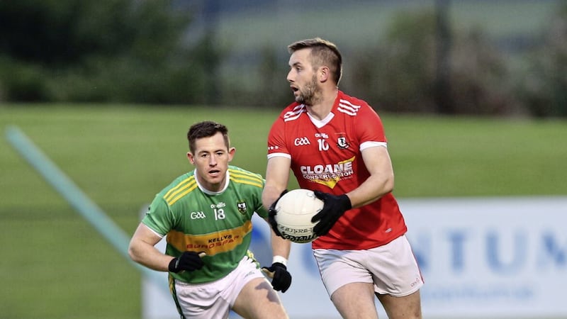 Ryan Ferris in action for Magherafelt against Cathal Mulholland on Sunday night. Picture by Margaret McLaughlin 