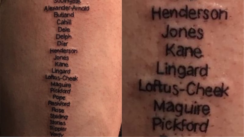 A tattoo of the England squad for the 2018 World Cup in Russia