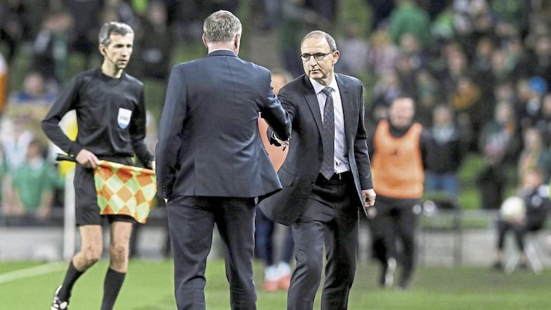 Rival managers Martin O&#39;Neill and Michael O&#39;Neill shake hands after a goalless draw at the Aviva 
