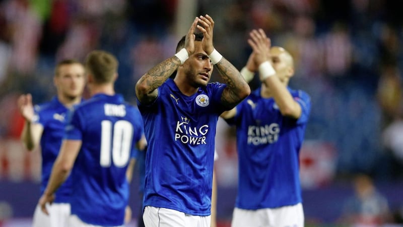 Leicester&#39;s Danny Simpson applauds the supporters at the end of the Champions League quarterfinal first leg soccer match between Atletico Madrid and Leicester City at the Vicente Calderon stadium in Madrid, Wednesday, April 12, 2017. Atletico won 1-0. (AP Photo/Francisco Seco). 