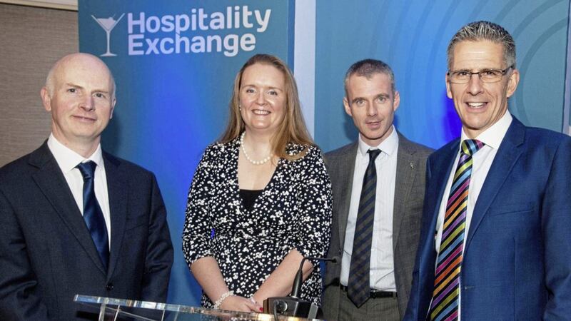 Pictured at the Hospitality Exchange business breakfast are Brian Gillan, head of business and corporate Banking at First Trust Bank; Sarah Duignan, director of client relationships, STR Global; Gareth Hetherington, director, Ulster University Economic Policy Centre and Mark Simpson, BBC 