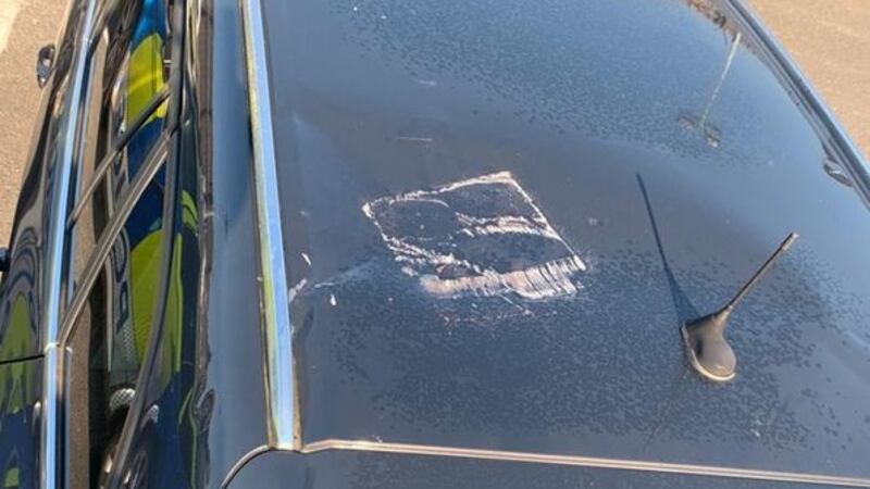&nbsp;A breeze block was dropped on an armoured police car in north Belfast. Picture from the PSNI